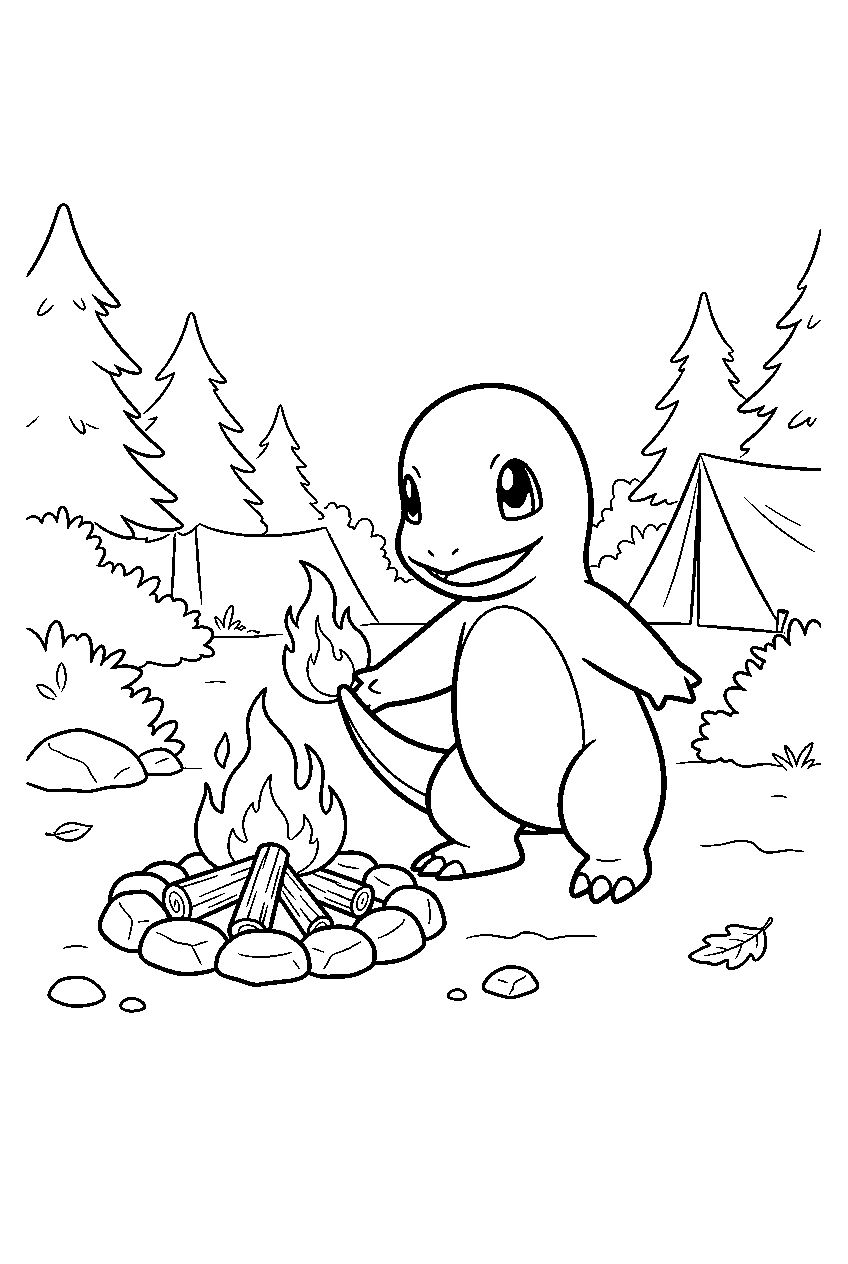 charmander starting a campfire with its tail flame at a forest campsite line art