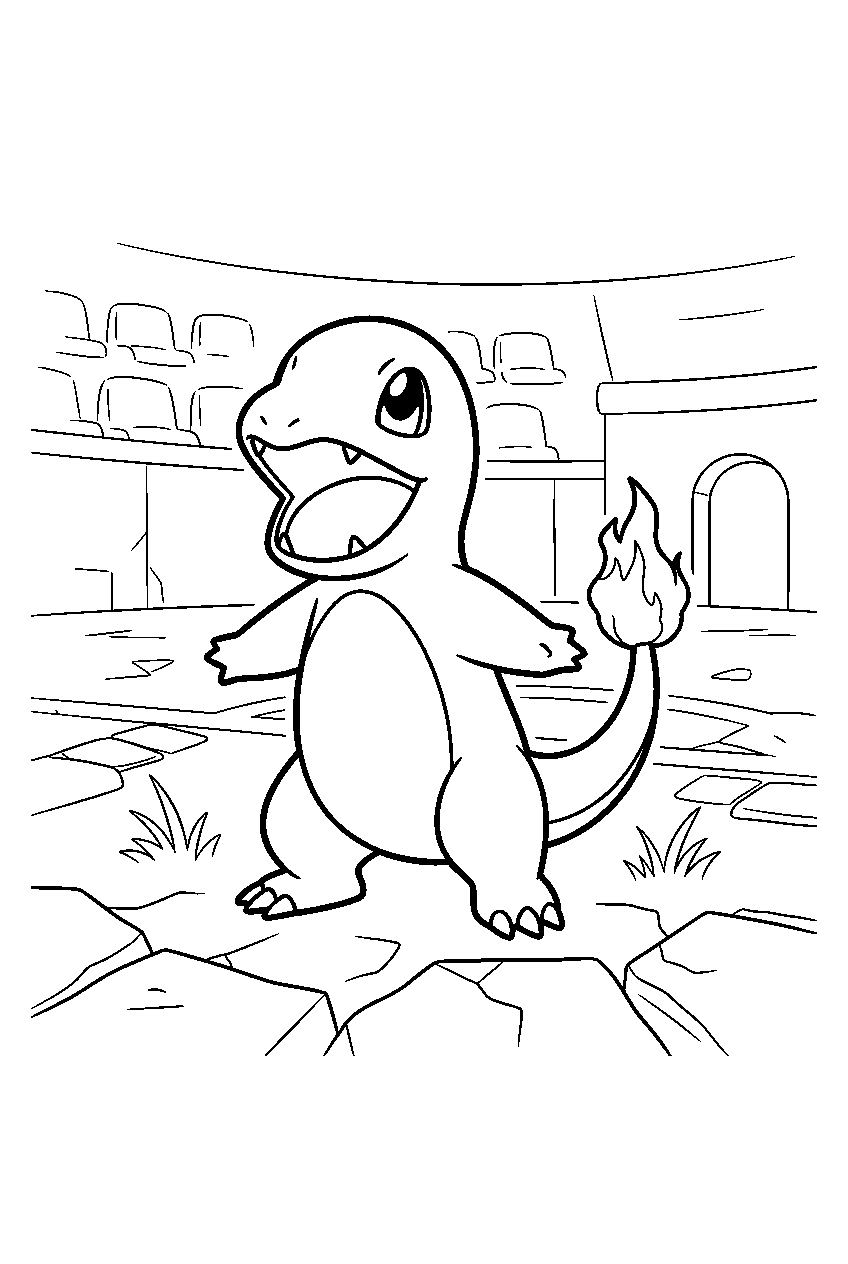charmander using growl on a stadium battlefield line art