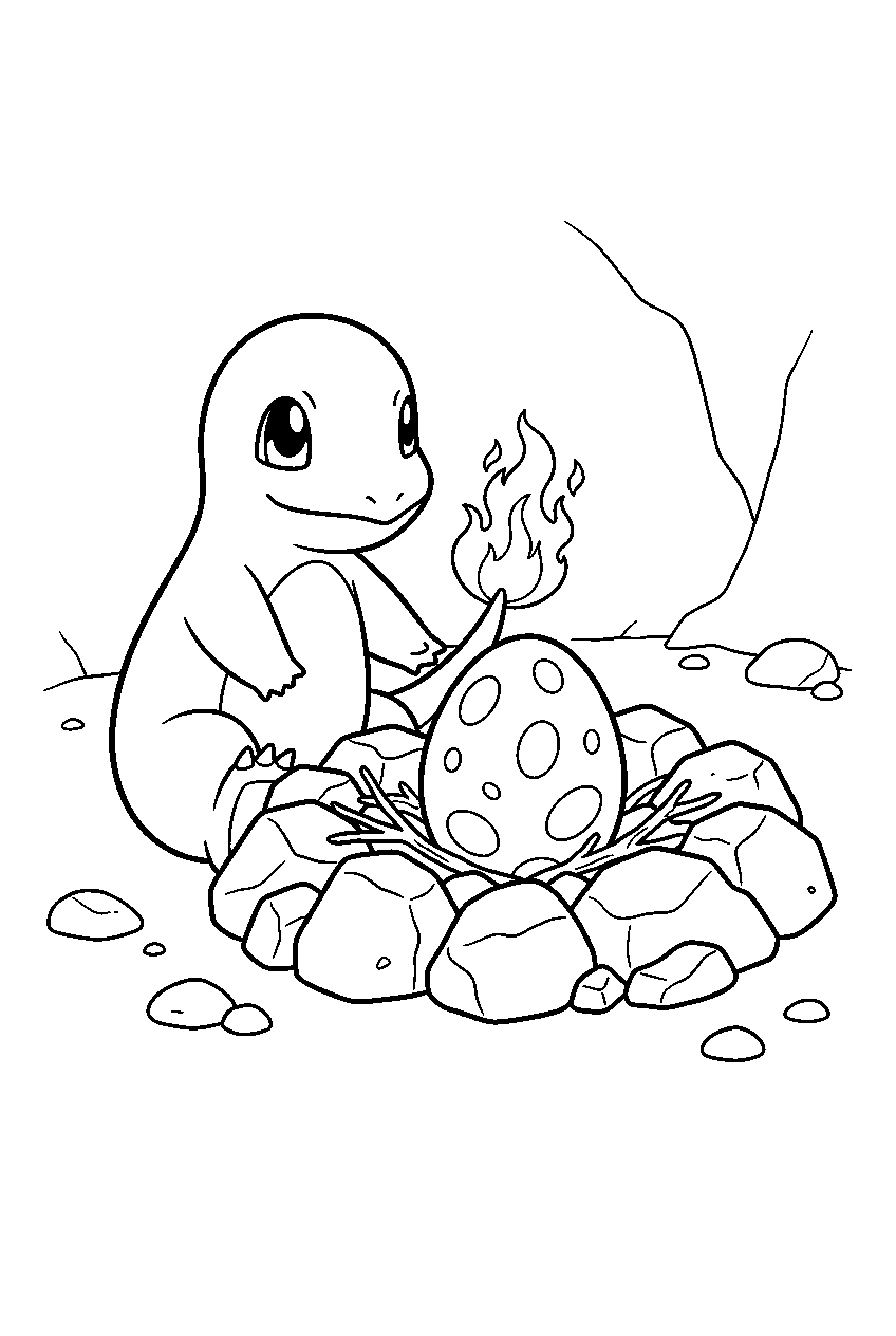 charmander warming a speckled egg with its tail flame inside a rocky nest line art