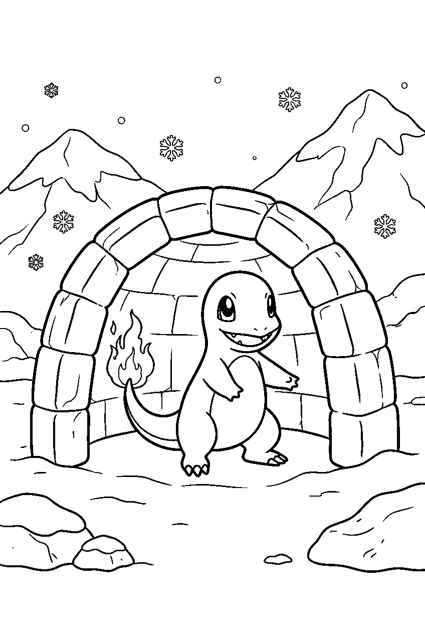 charmander warming an icy shelter with its glowing tail in snowy mountains line art