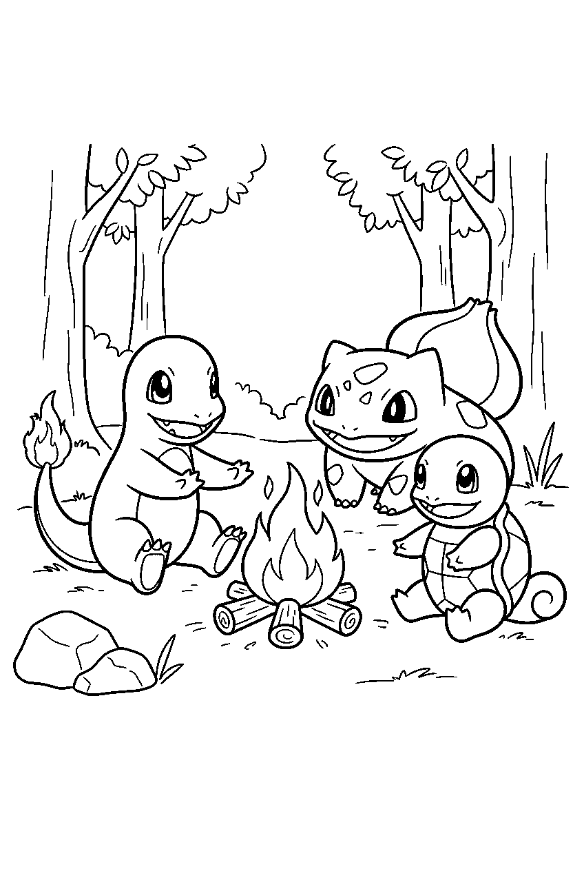 charmander warming bulbasaur and squirtle around a campfire at a woodland campsite line art