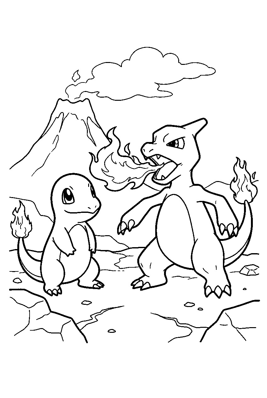 charmander watching charmeleon breathe fire in a volcanic field line art