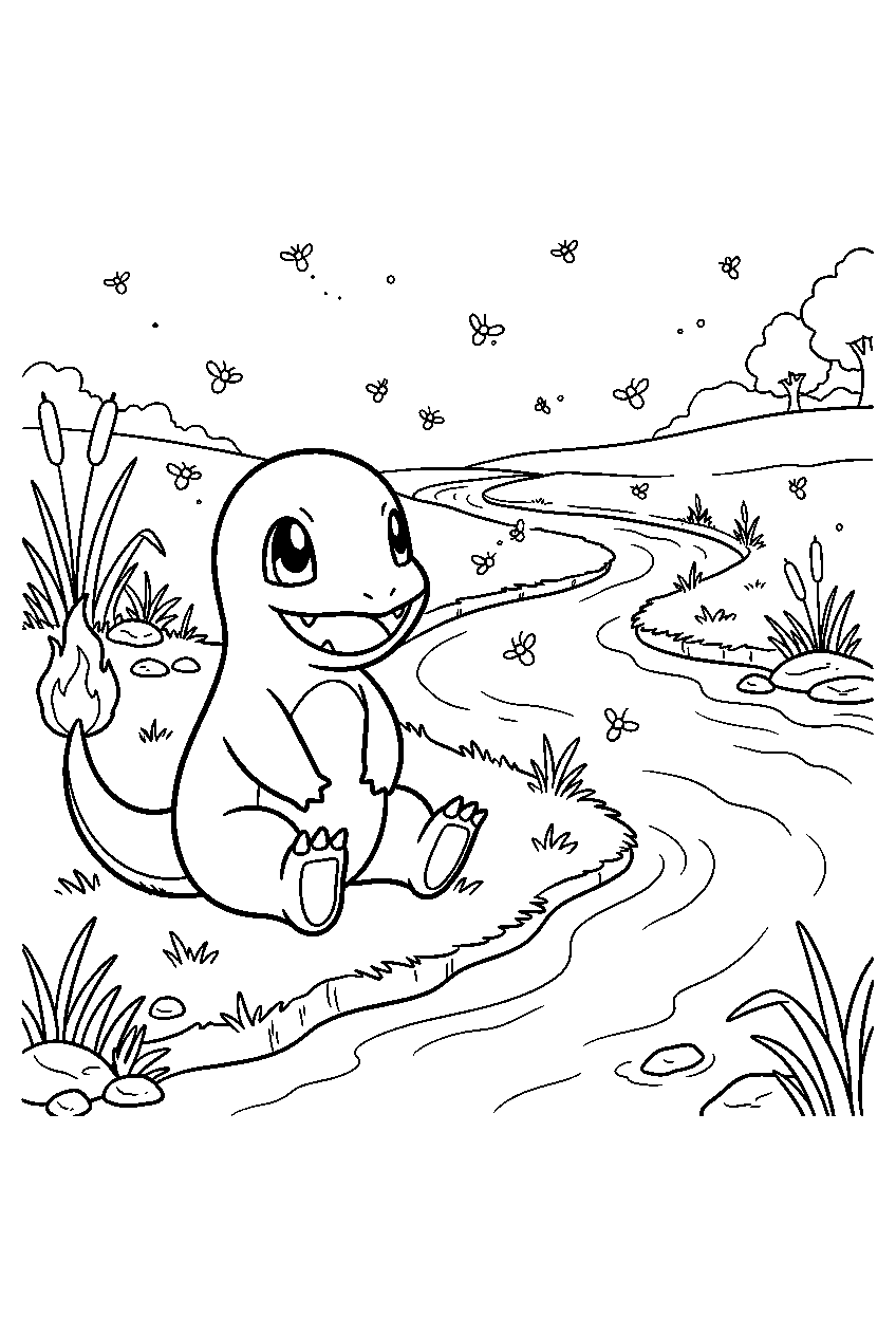 charmander watching fireflies beside a creek at dusk line art