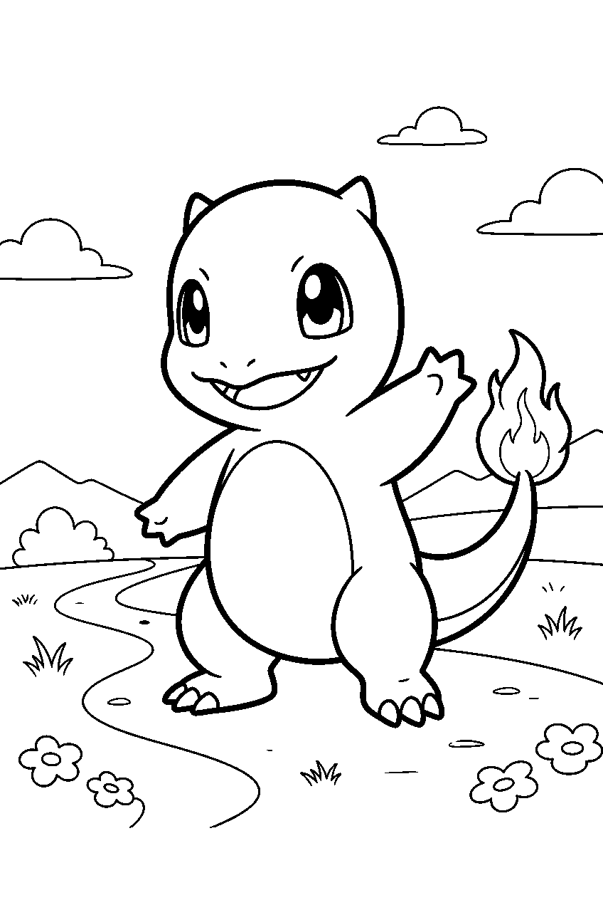 charmander waving in a cute chibi pose against a simple grassy background line art