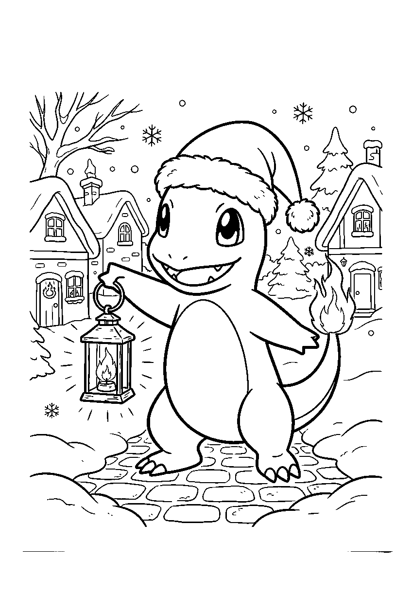charmander wearing a santa hat while lighting lanterns in a snowy village line art