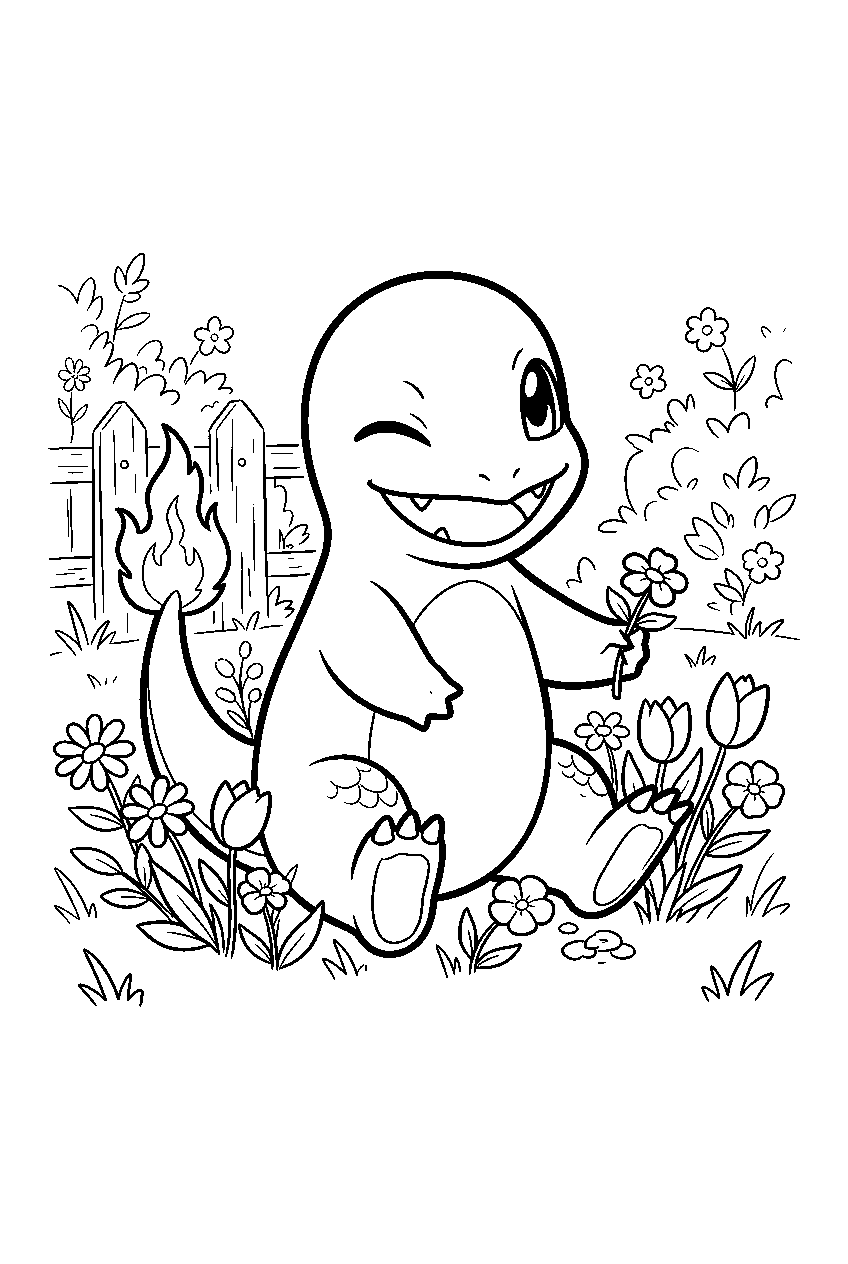 charmander winking among wildflowers in a spring garden line art
