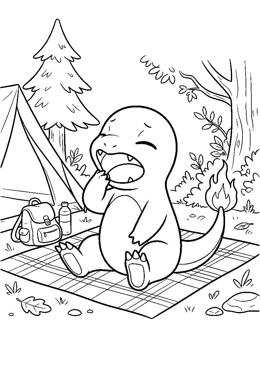 charmander yawning on a picnic blanket at a woodland campsite line art