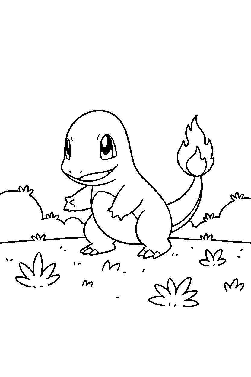 pokemon charmander exploring in grassy field line art