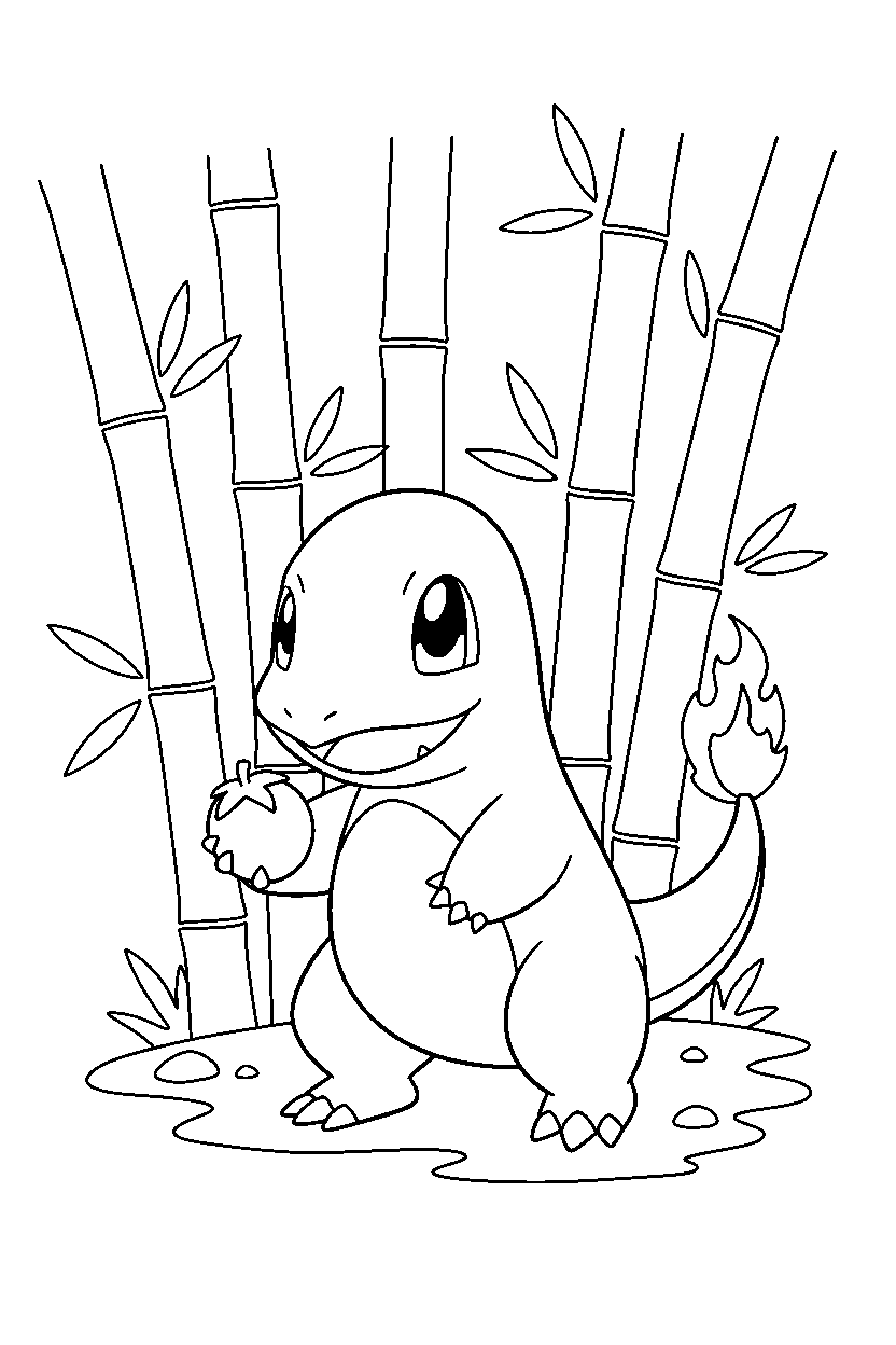 pokemon charmander holding a berry in a bamboo forest line art