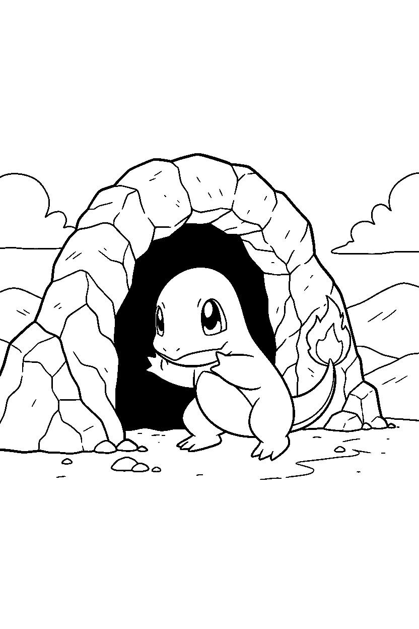 pokemon charmander listening carefully near a cave entrance line art