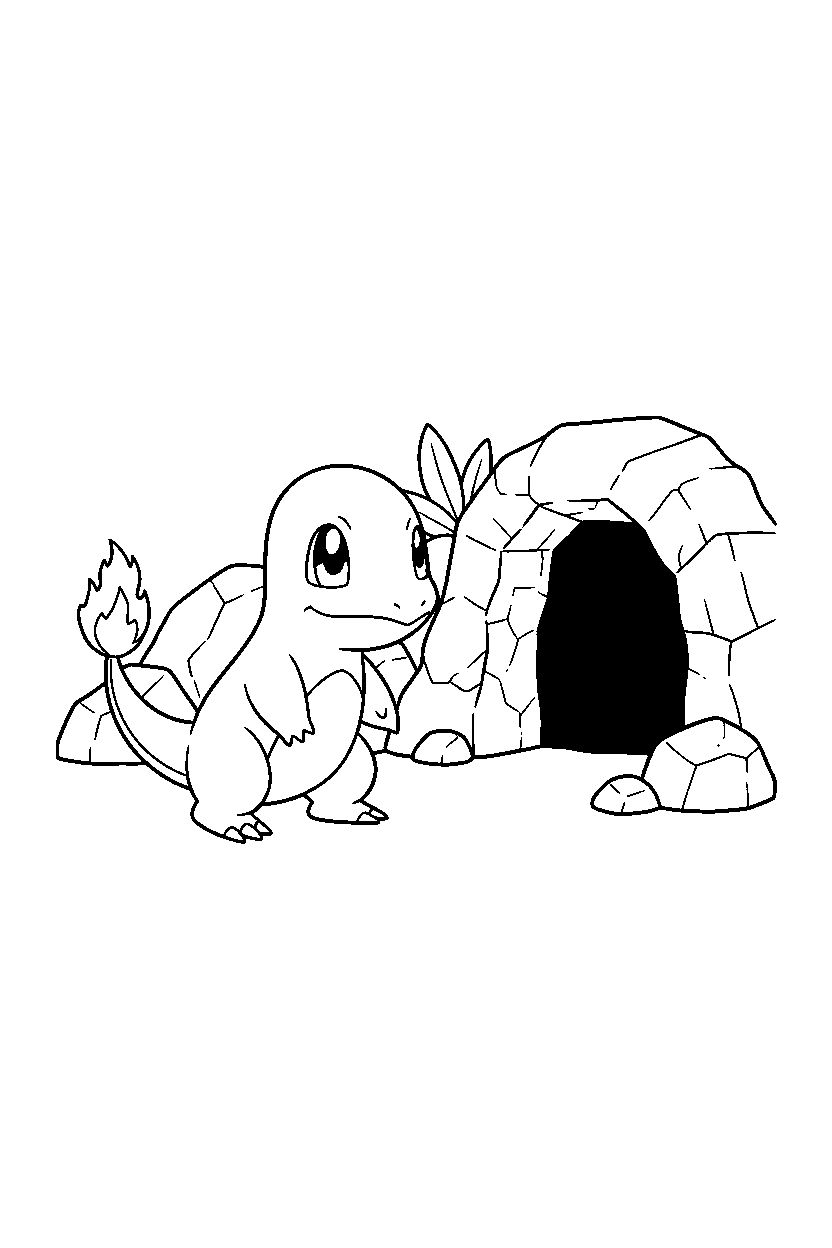 pokemon charmander looking curious near a cave entrance line art