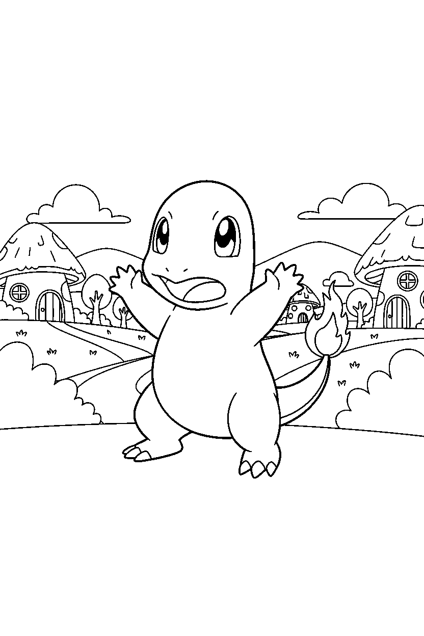 pokemon charmander looking surprised in a peaceful village line art