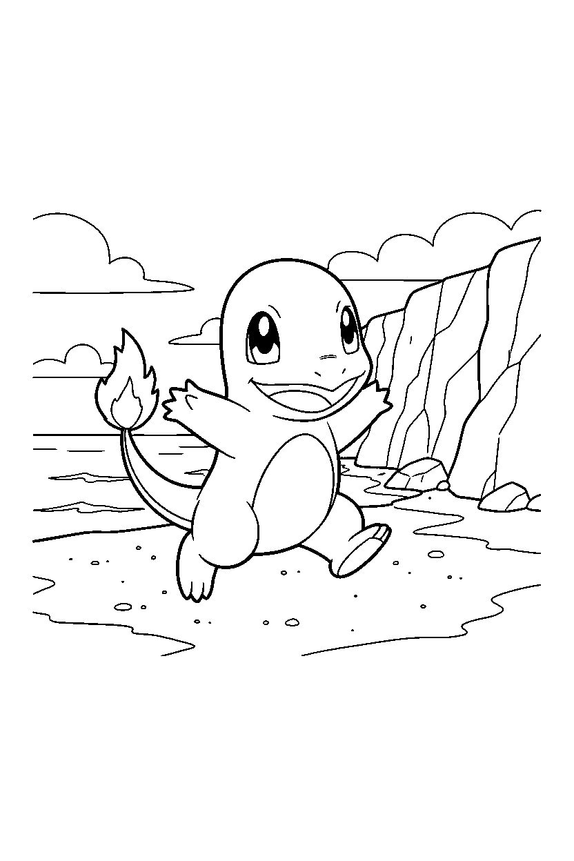 pokemon charmander playing happily near a seaside cliff line art
