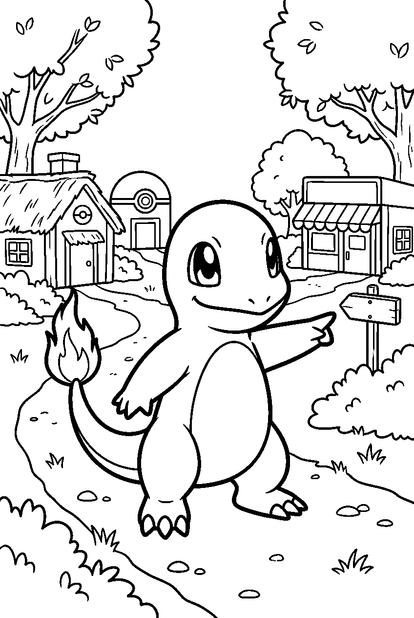pokemon charmander pointing in pokemon village line art