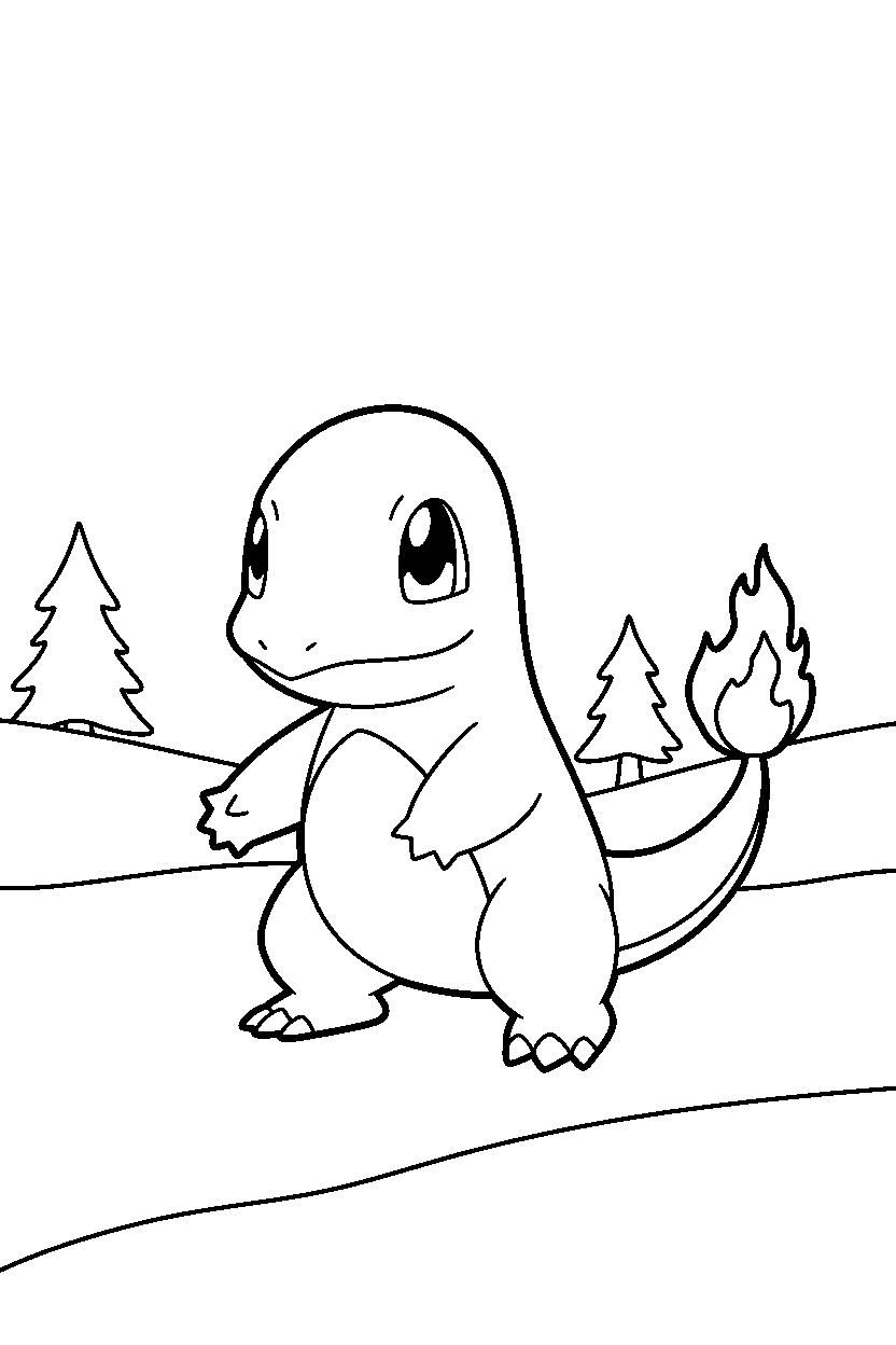 pokemon charmander posing in snowy field line art