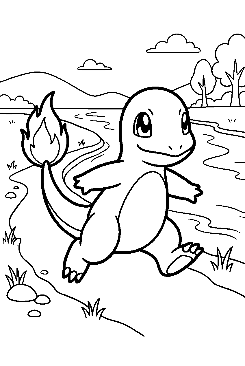 pokemon charmander running on riverbank line art