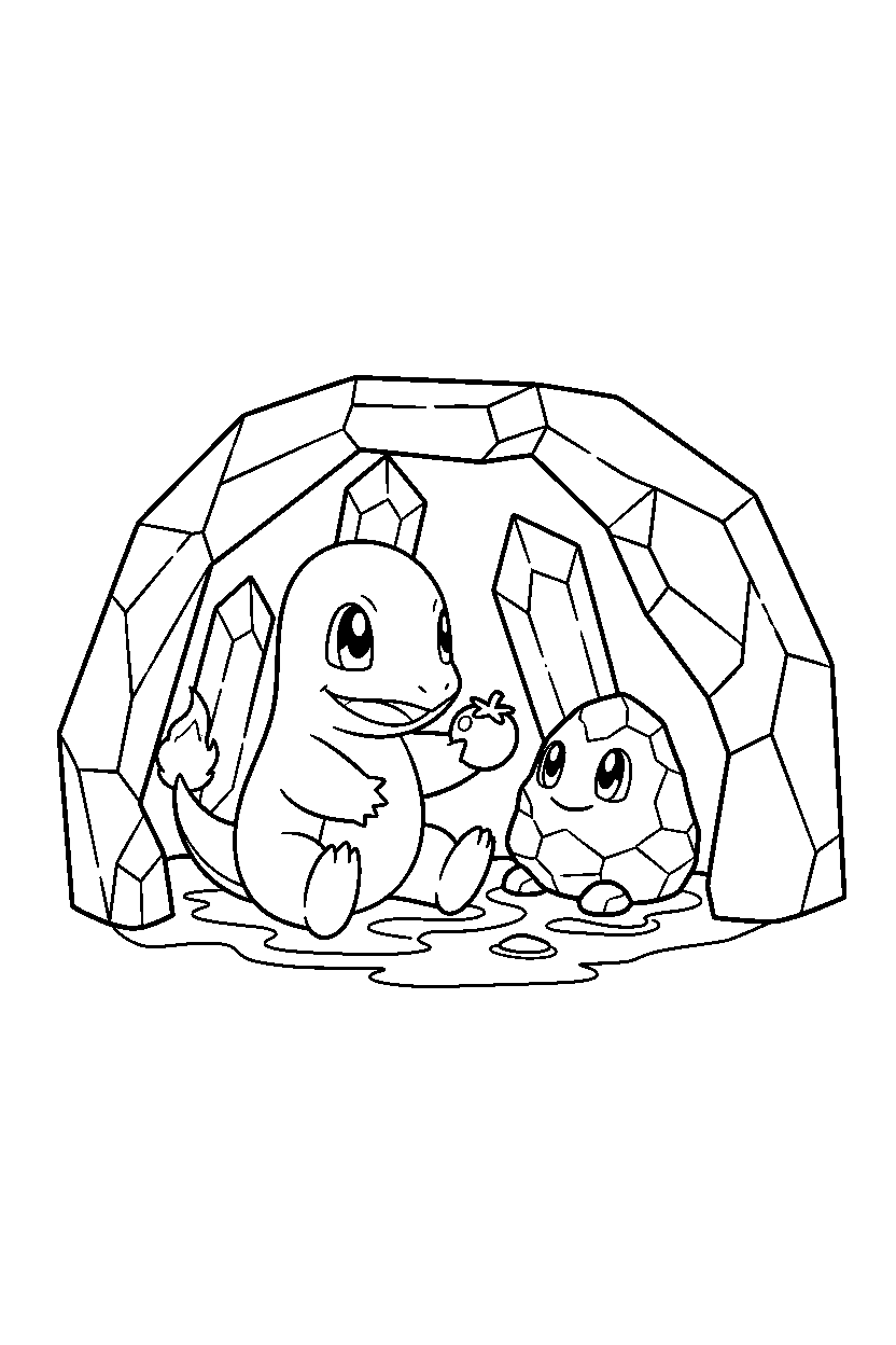 pokemon charmander sharing a snack inside a crystal cave line art
