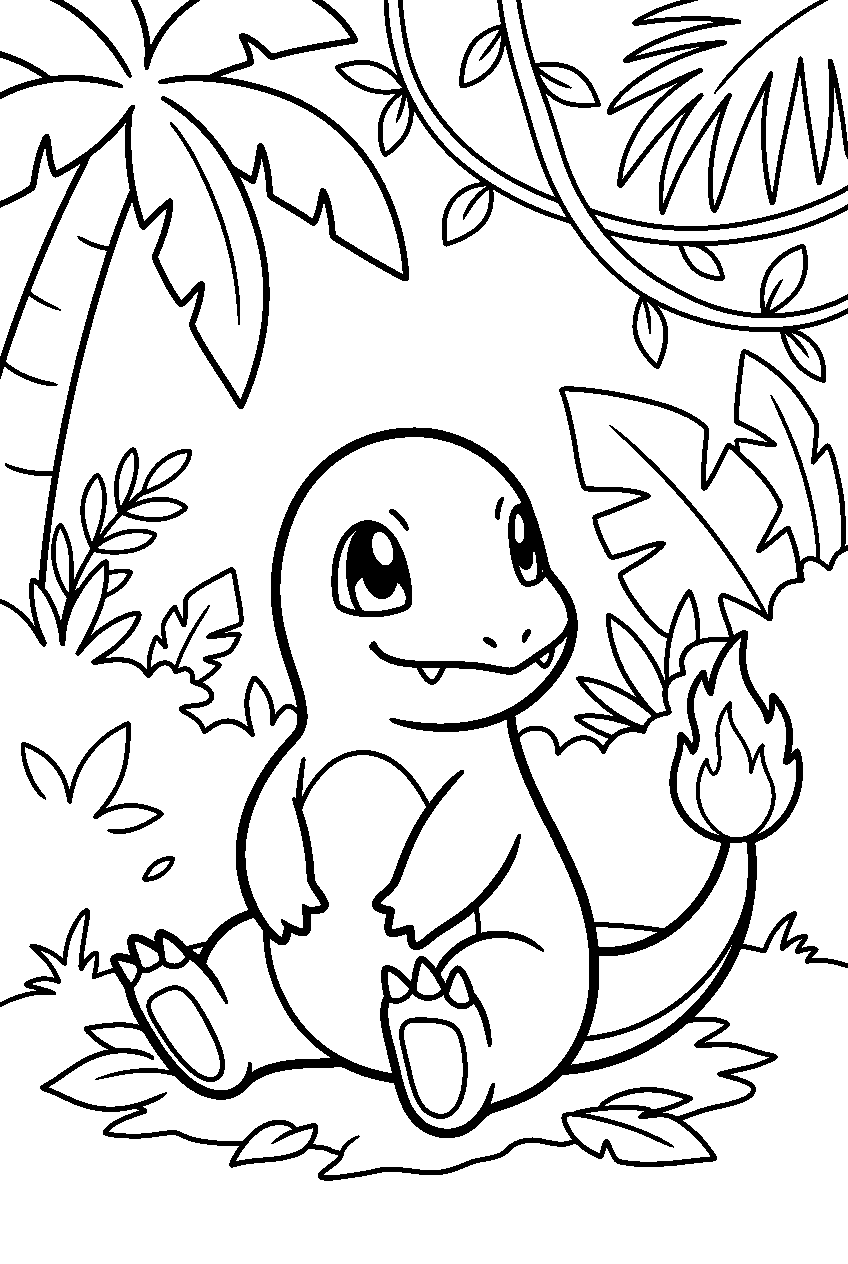 pokemon charmander sitting in jungle area line art