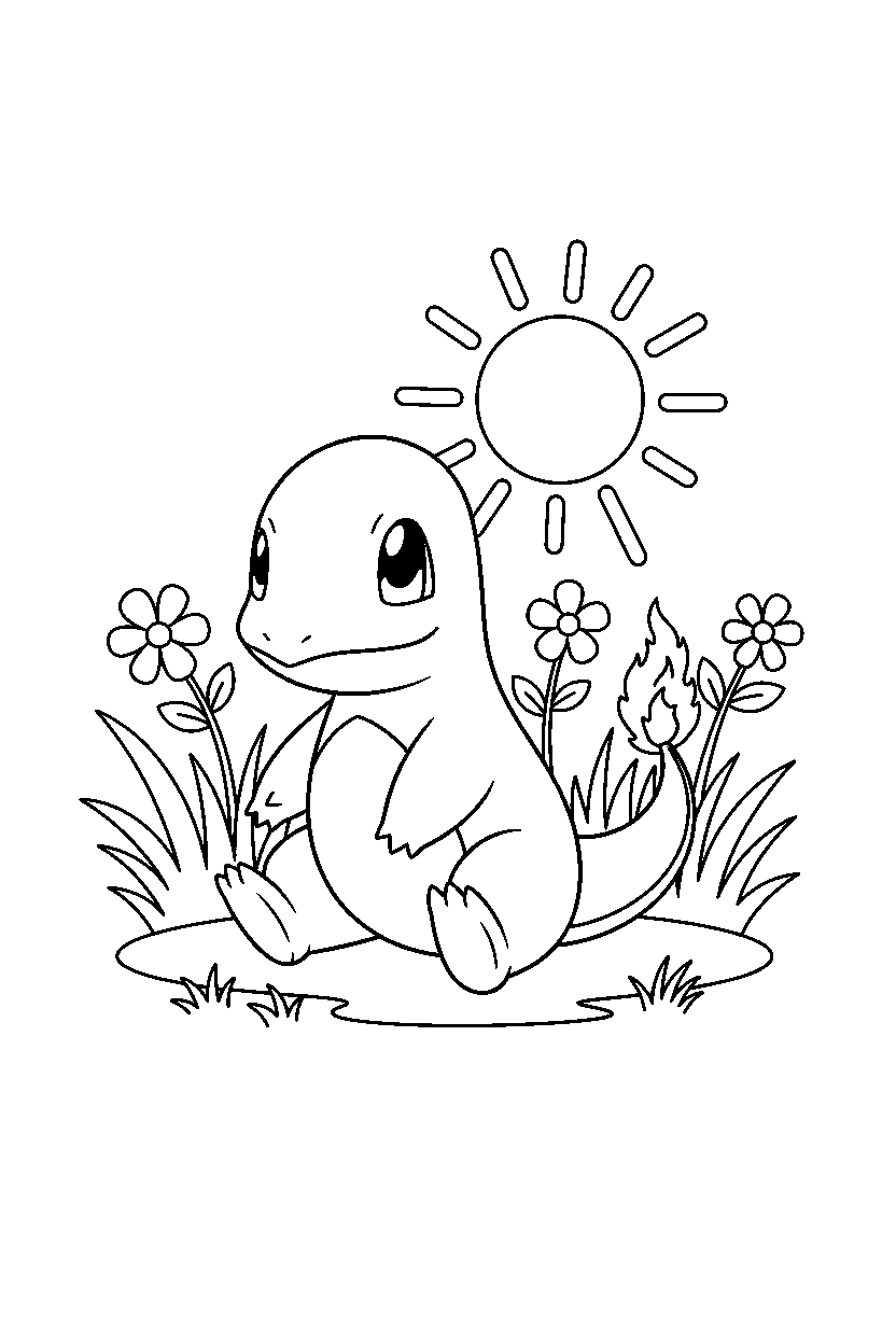 pokemon charmander sitting peacefully in a sunny meadow line art