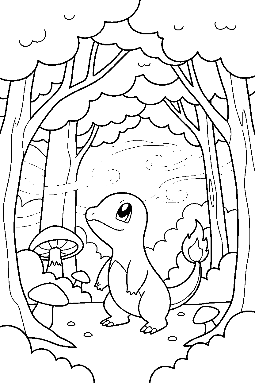 pokemon charmander sniffing the air in a magic forest line art