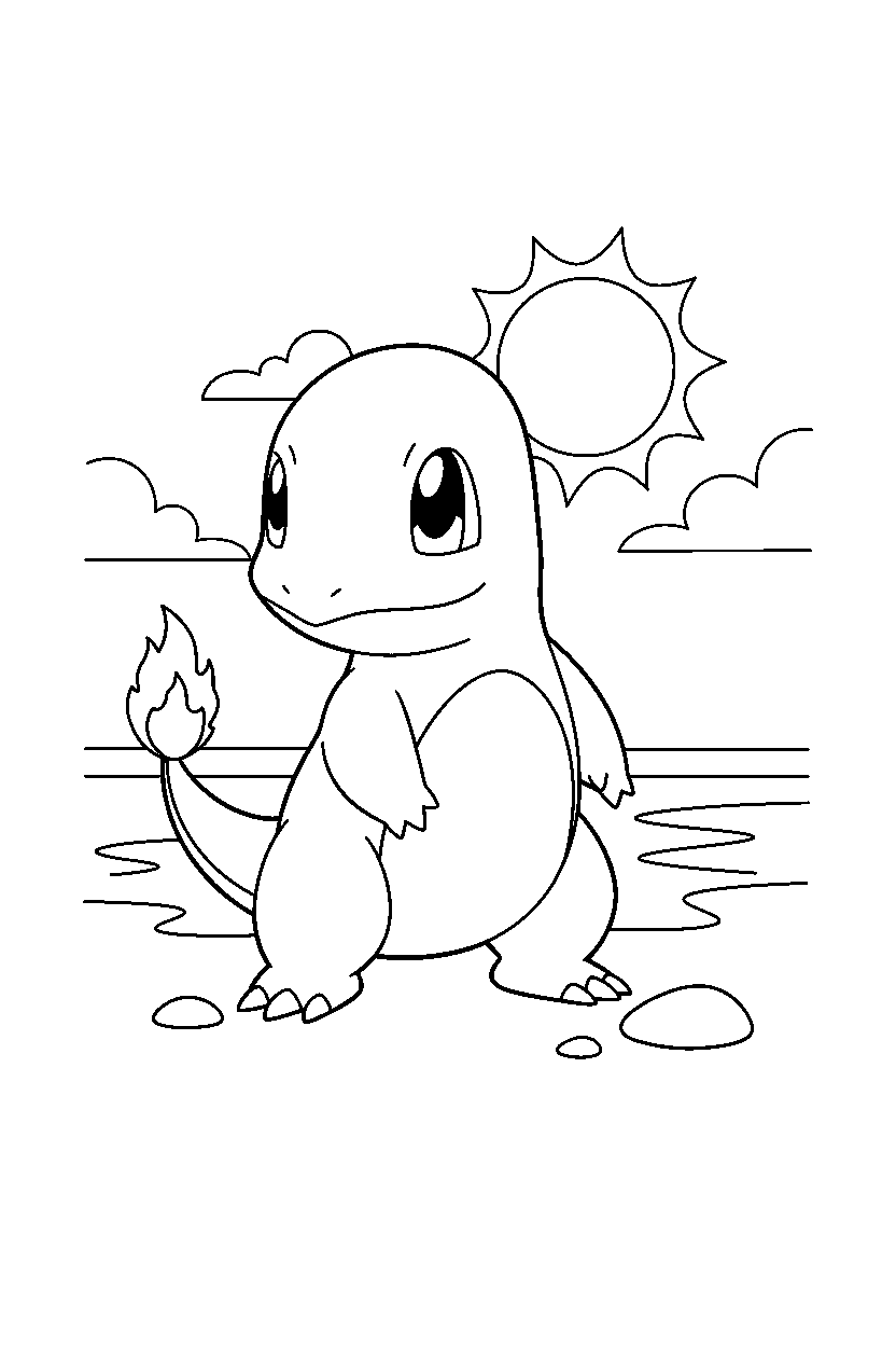 pokemon charmander standing calmly by water line art