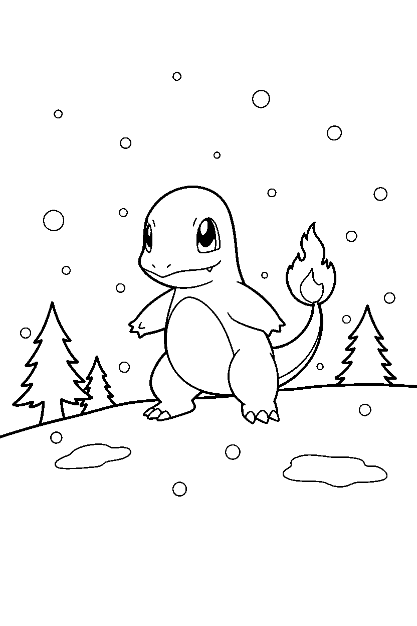 pokemon charmander standing confidently on snowy hill line art