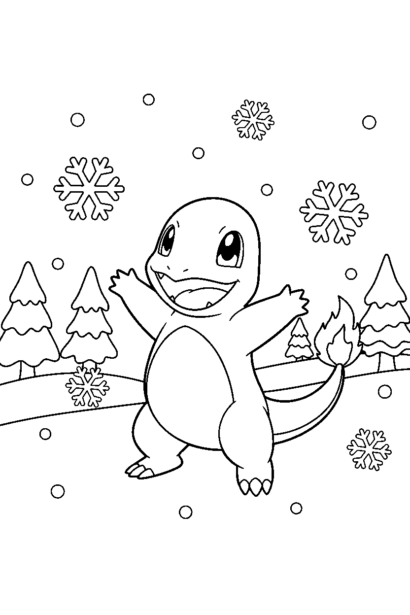 pokemon charmander stretching happily in a winter landscape line art