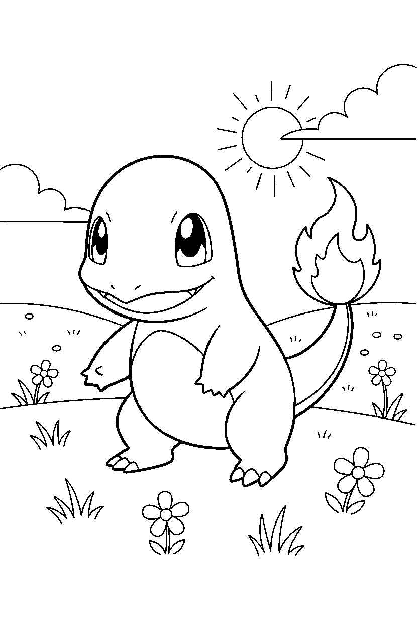 pokemon charmander walking gently in a sunny countryside line art