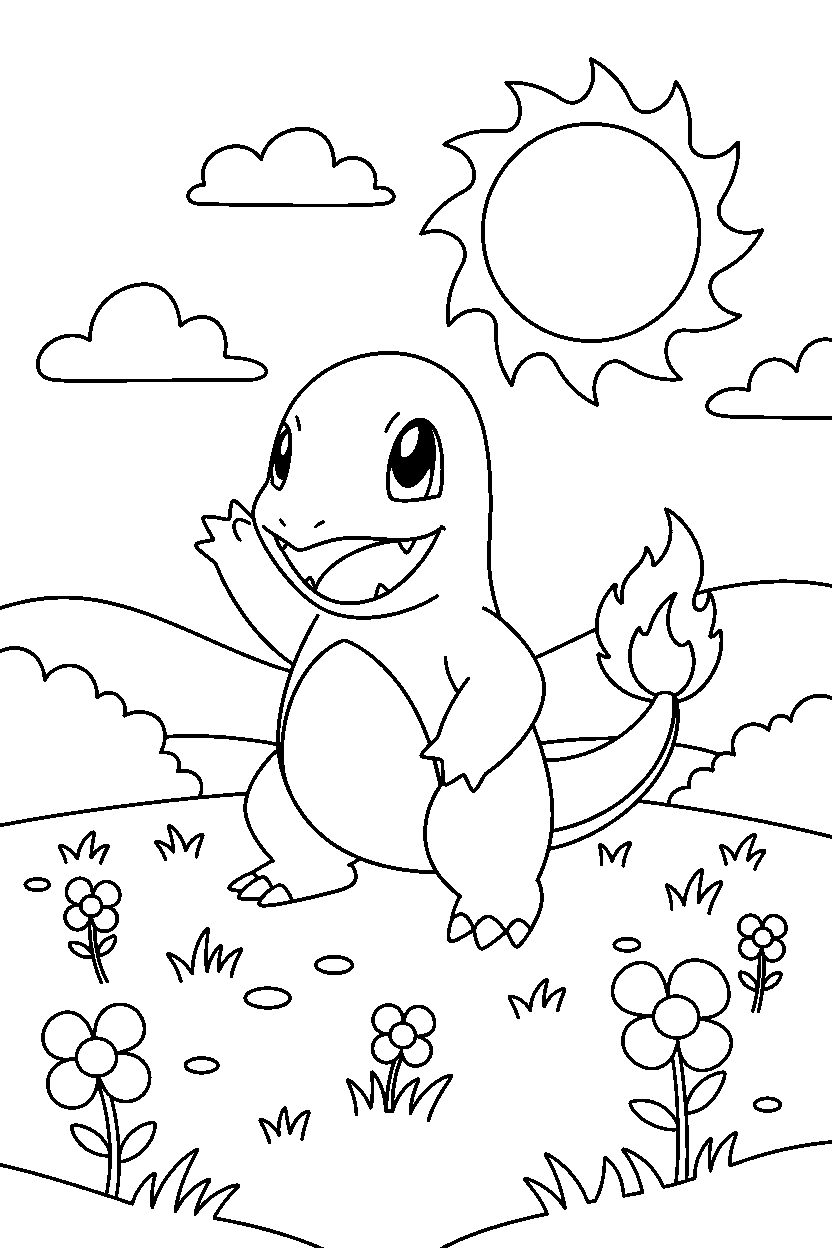 pokemon charmander waving happily in a sunny meadow line art