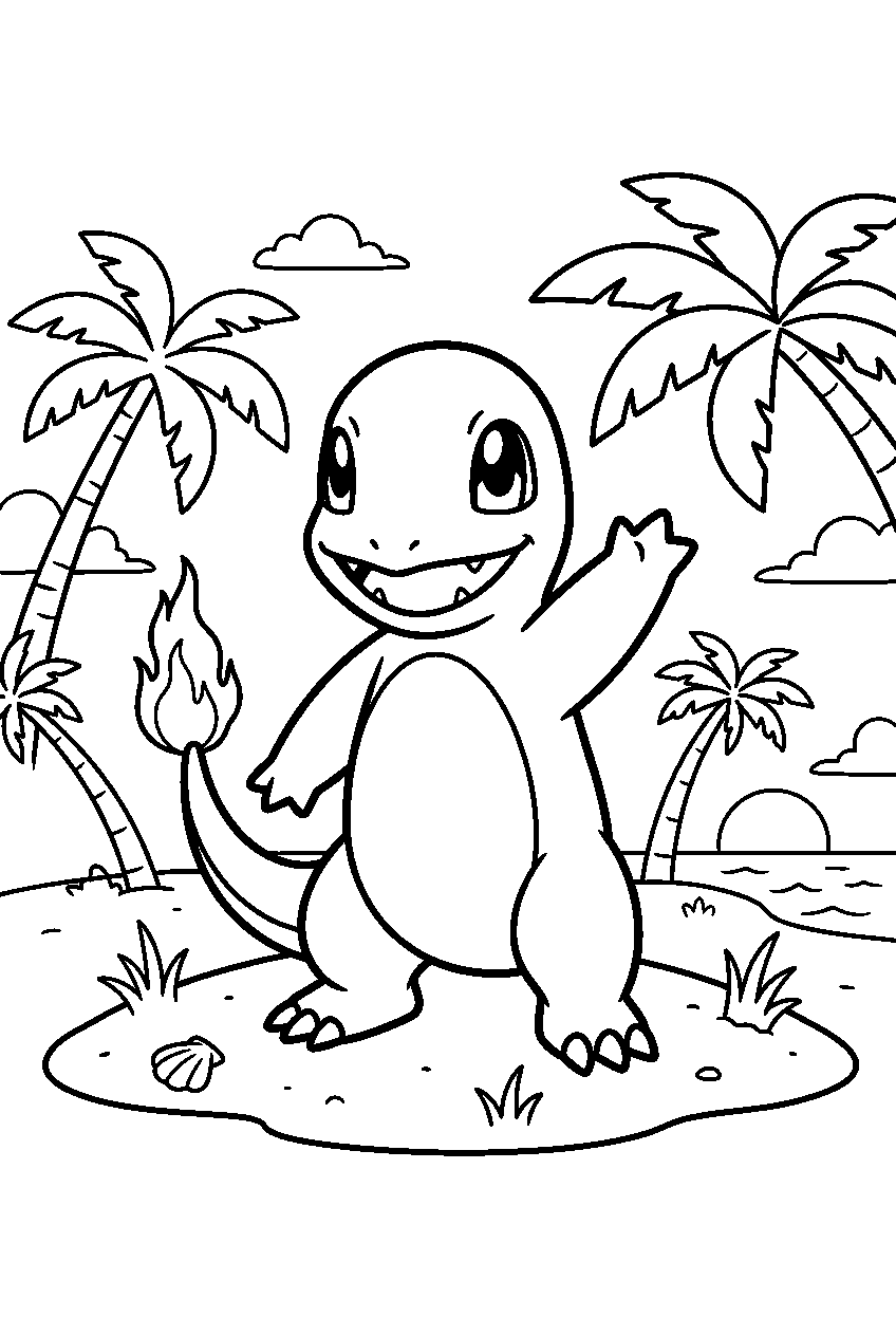 pokemon charmander waving on tropical island line art