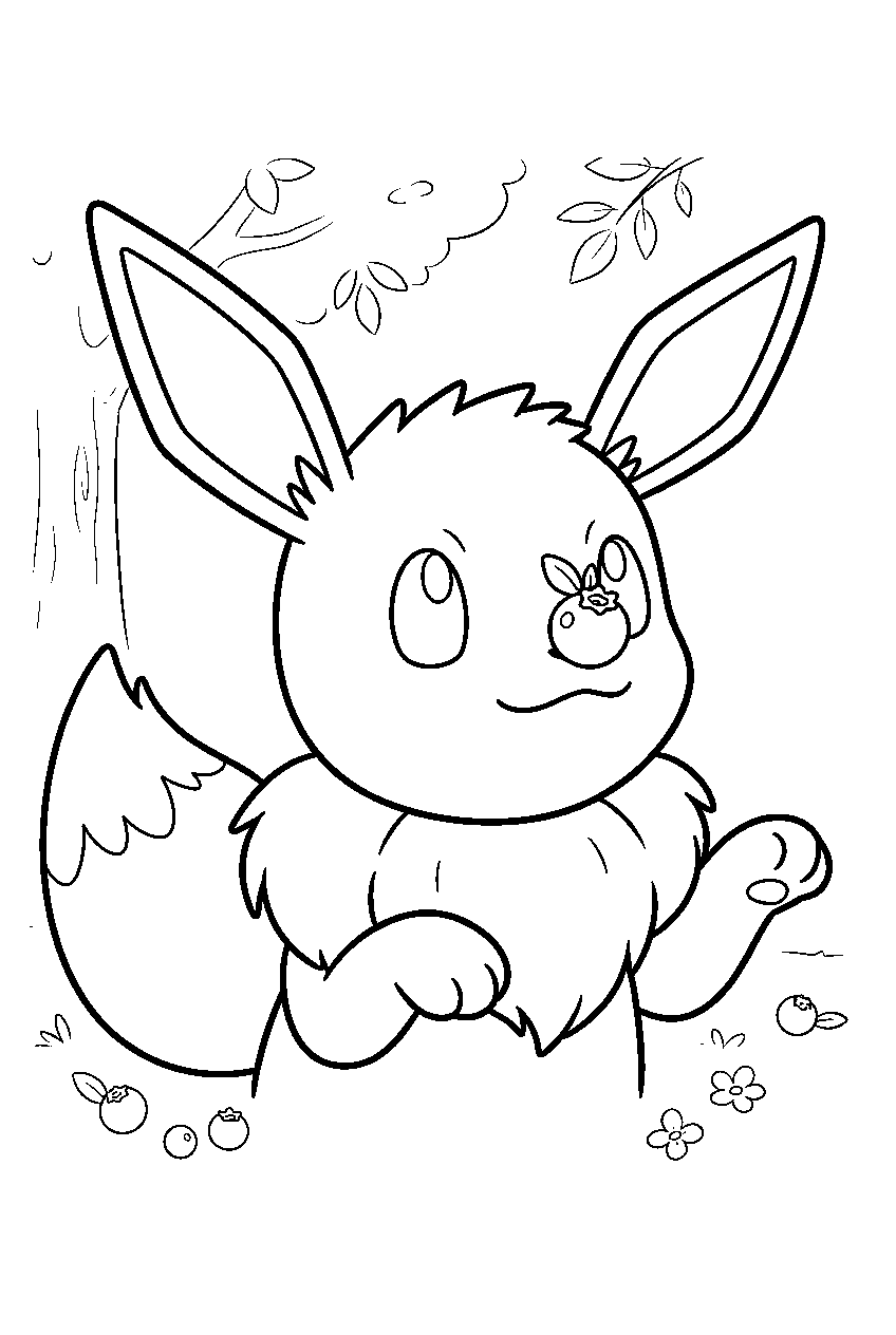 eevee balancing a berry on its nose in an orchard line art