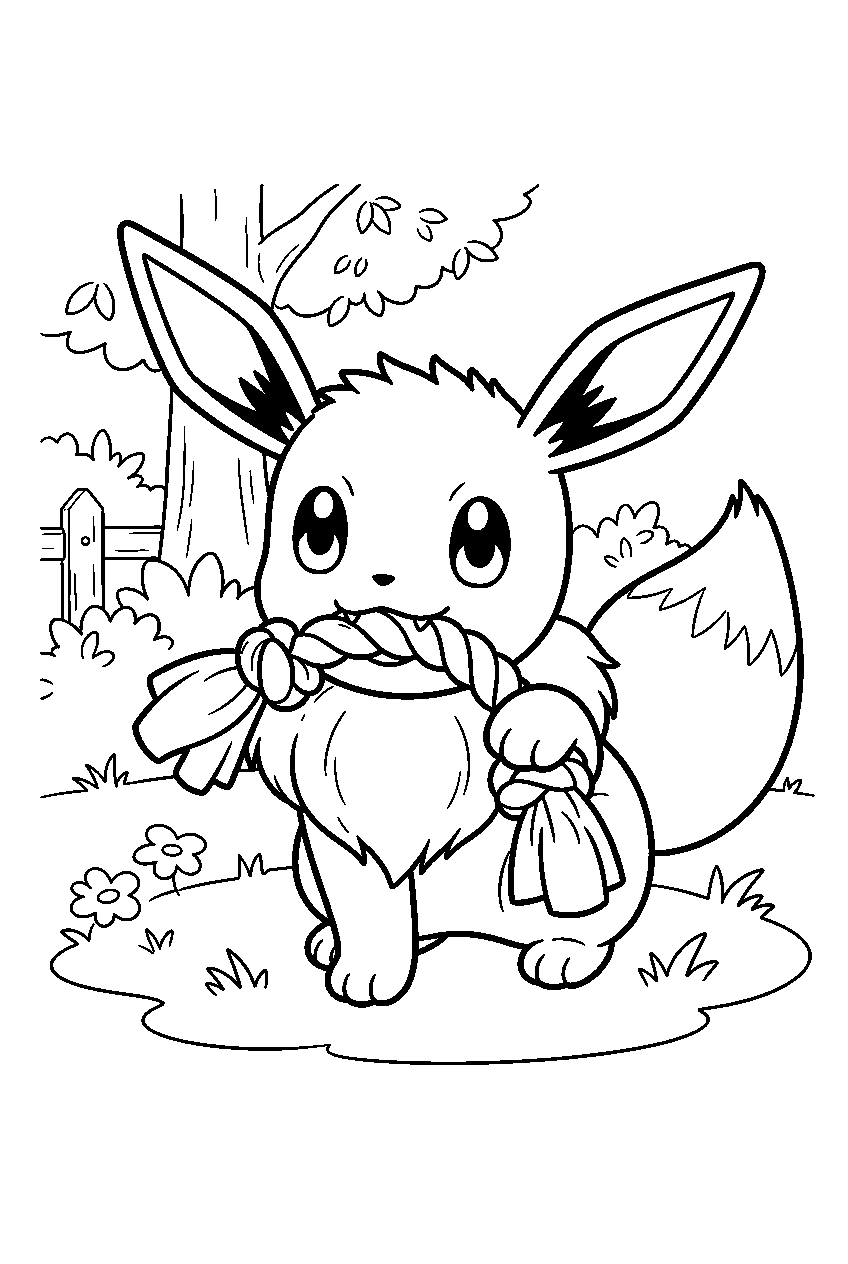 eevee biting a rope toy in a sunny park line art