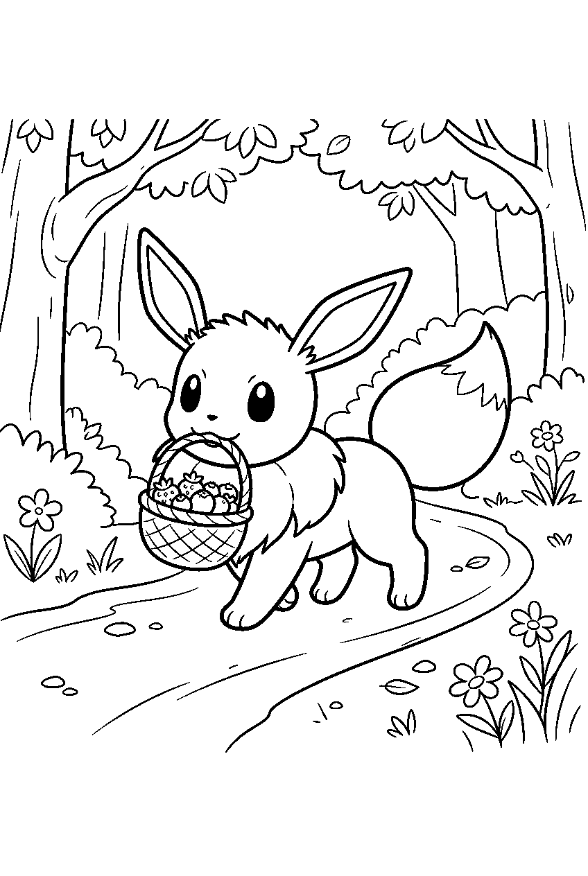 eevee carrying a berry basket along a forest path line art