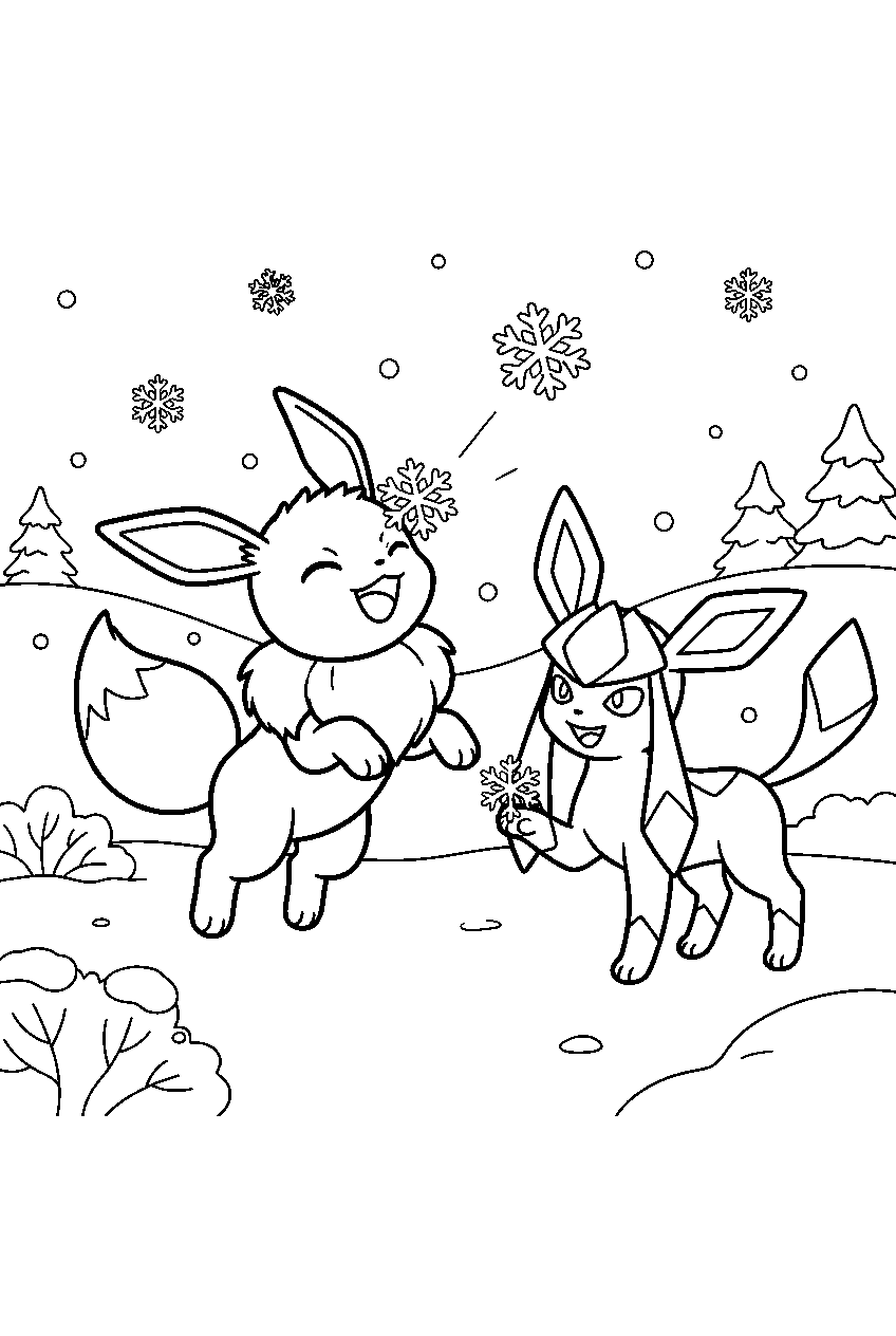 eevee catching snowflakes with glaceon in a winter meadow line art