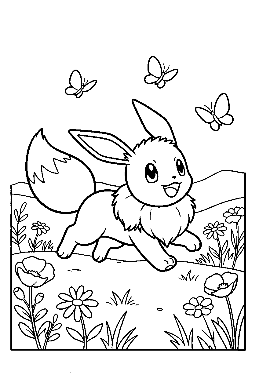 eevee chasing butterflies through a wildflower meadow line art