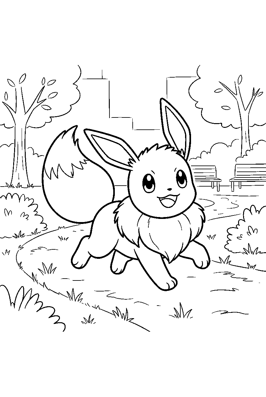 eevee chasing its fluffy tail through a city park line art