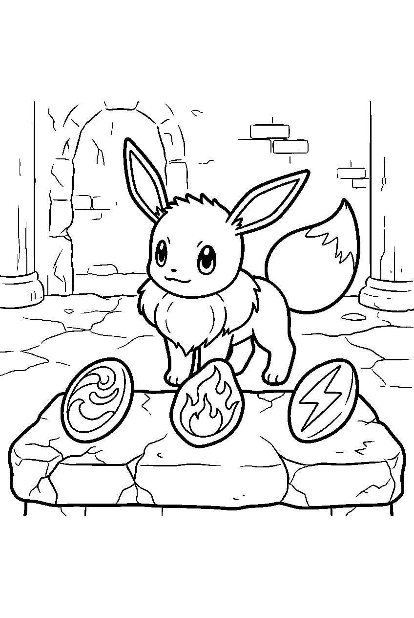 eevee choosing between water thunder and fire stones inside an ancient shrine line art