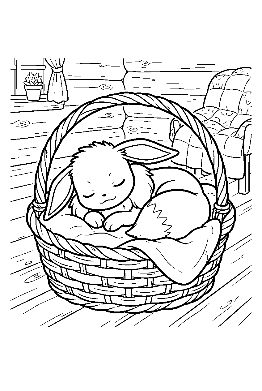 eevee curling up inside a basket in a cozy trainer cabin line art