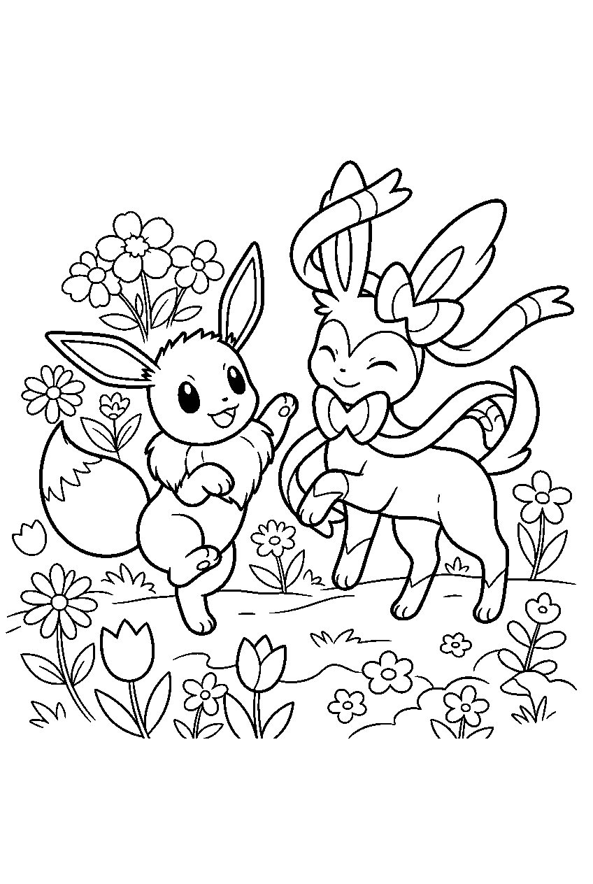 eevee dancing with sylveon in a flower garden line art