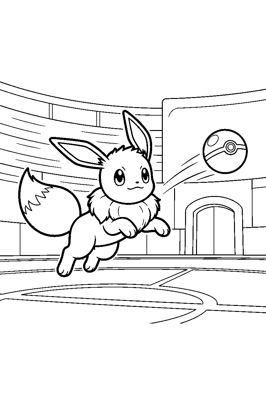eevee dodging a pokeball inside a stadium arena line art