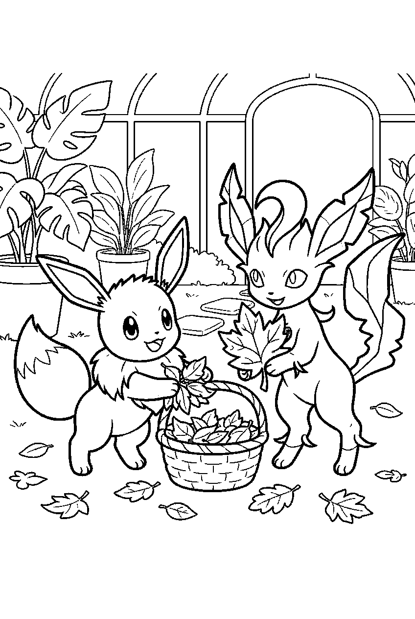 eevee gathering leaves with leafeon inside a botanical garden line art