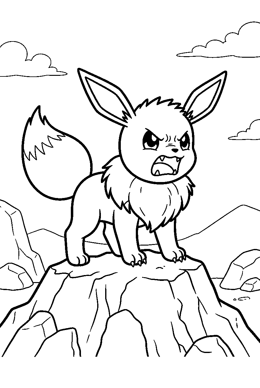 eevee growling angrily from the top of a rocky hill line art