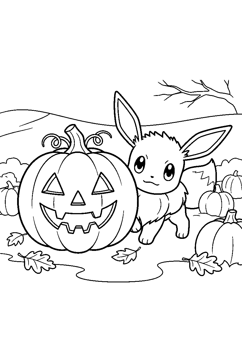 eevee hiding beside a jack o lantern in an autumn pumpkin patch line art