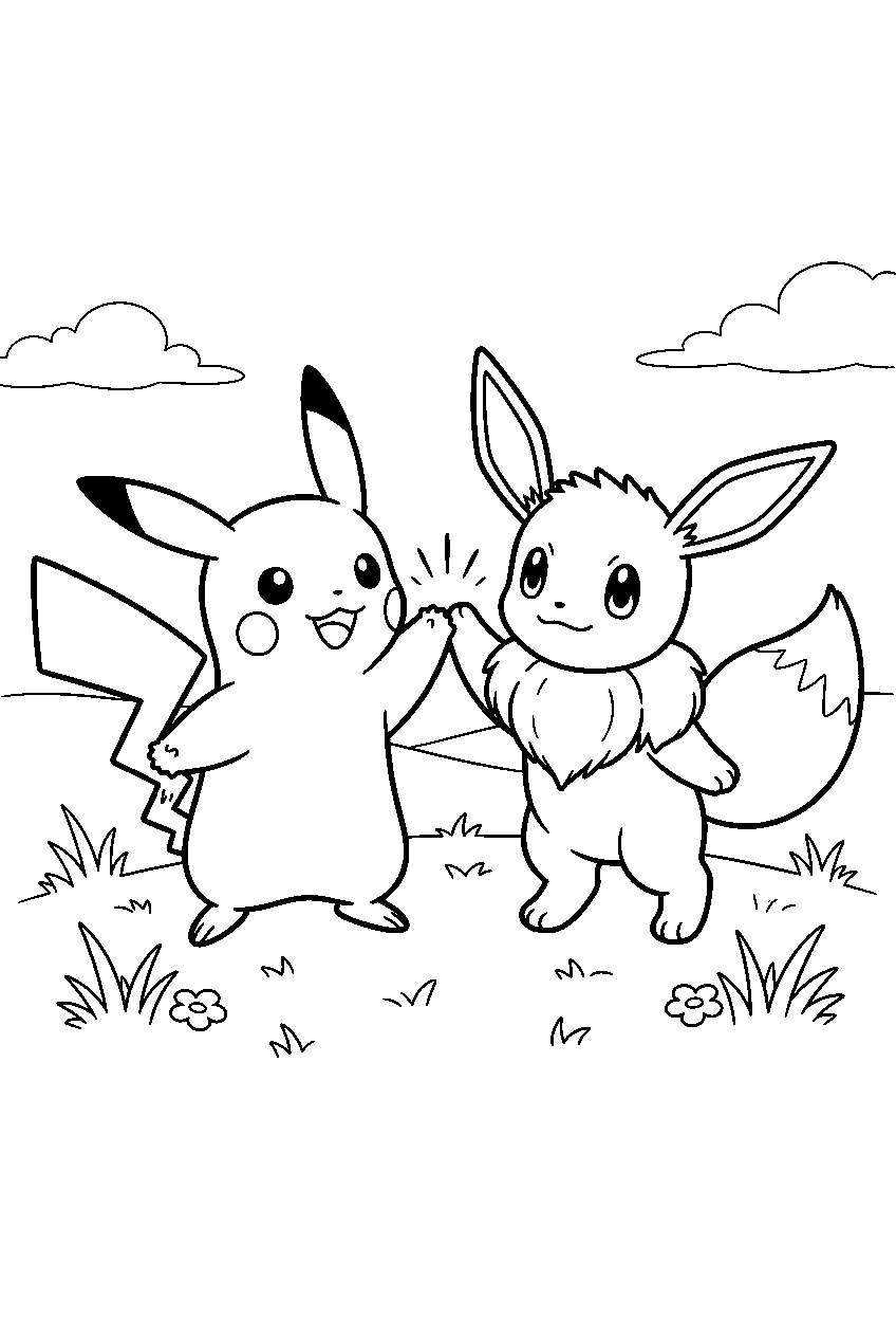 eevee high fiving pikachu in a grassy clearing line art