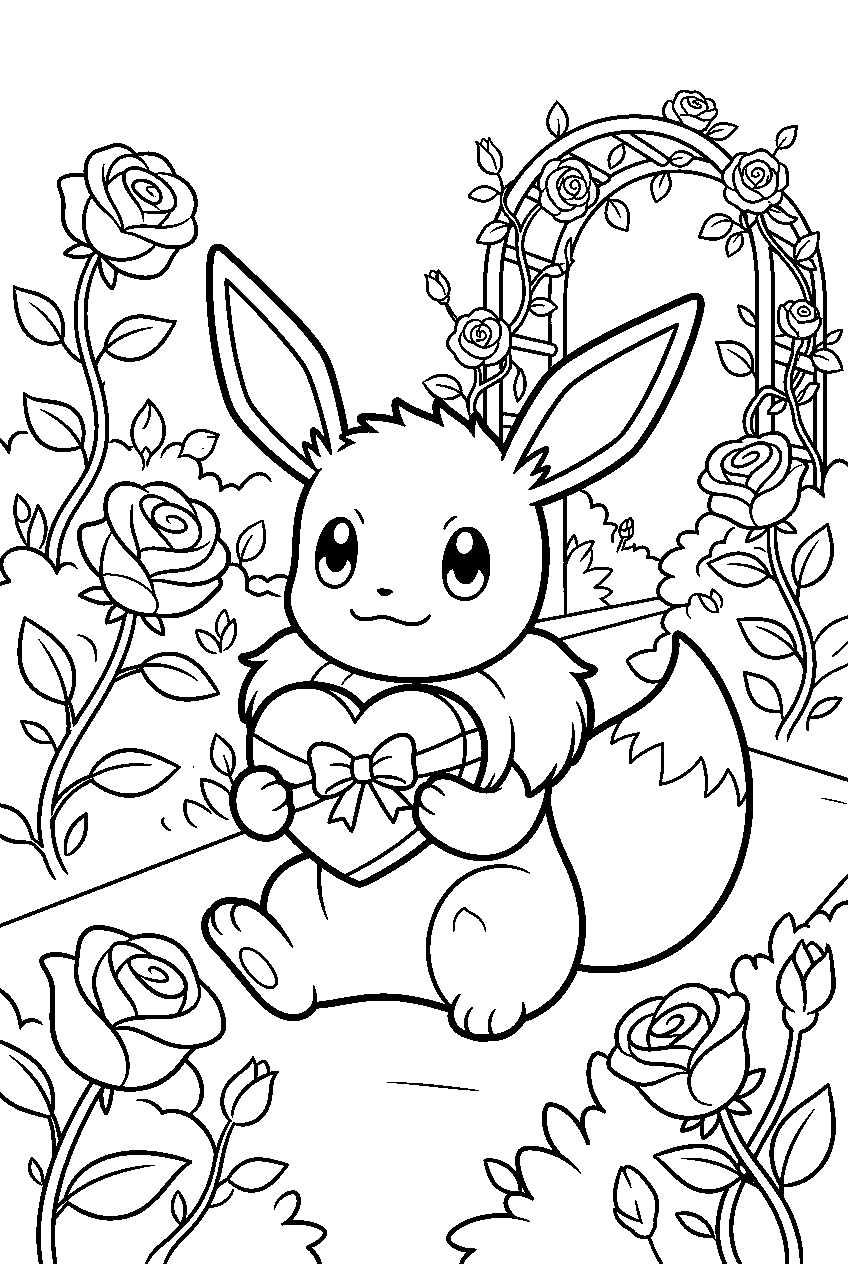 eevee holding a heart shaped gift in a rose garden line art