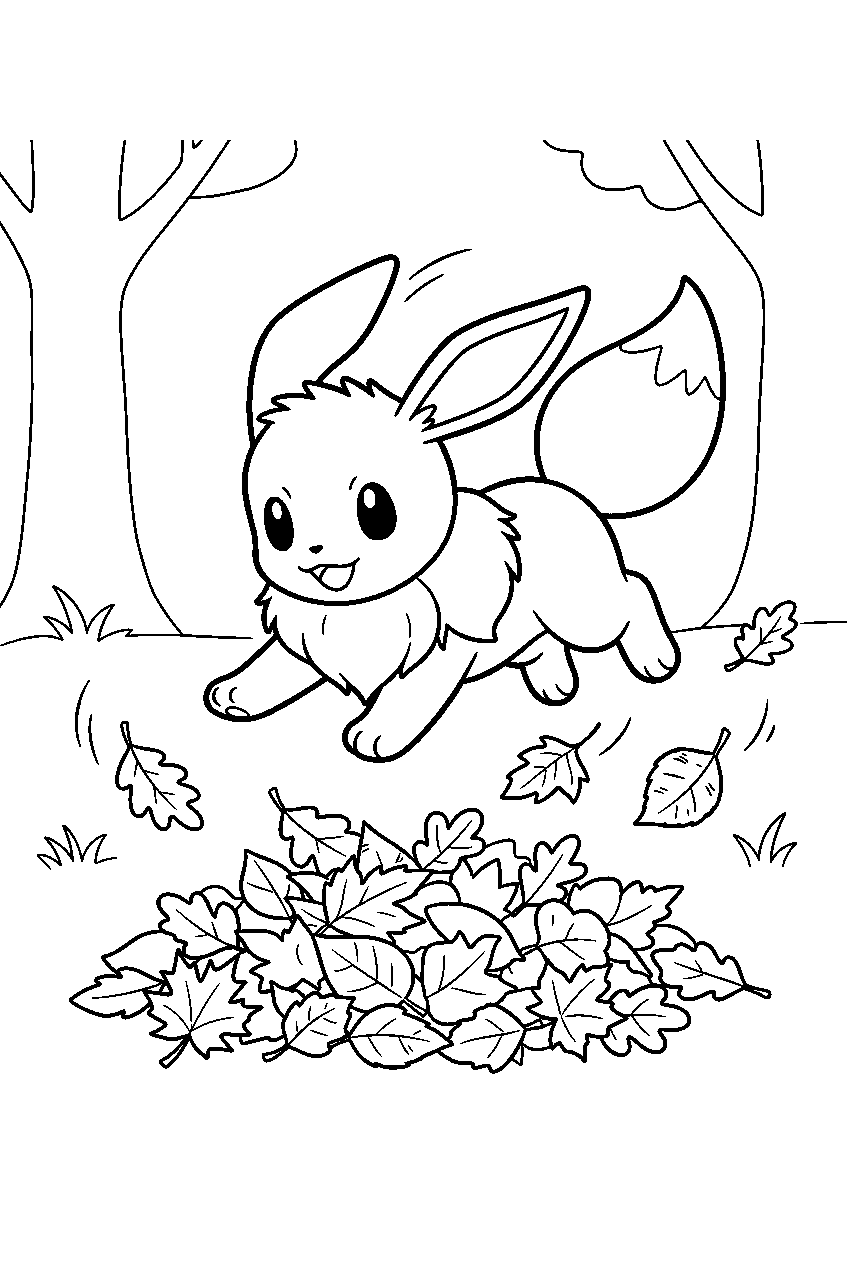 eevee jumping into fallen leaves in an autumn grove line art