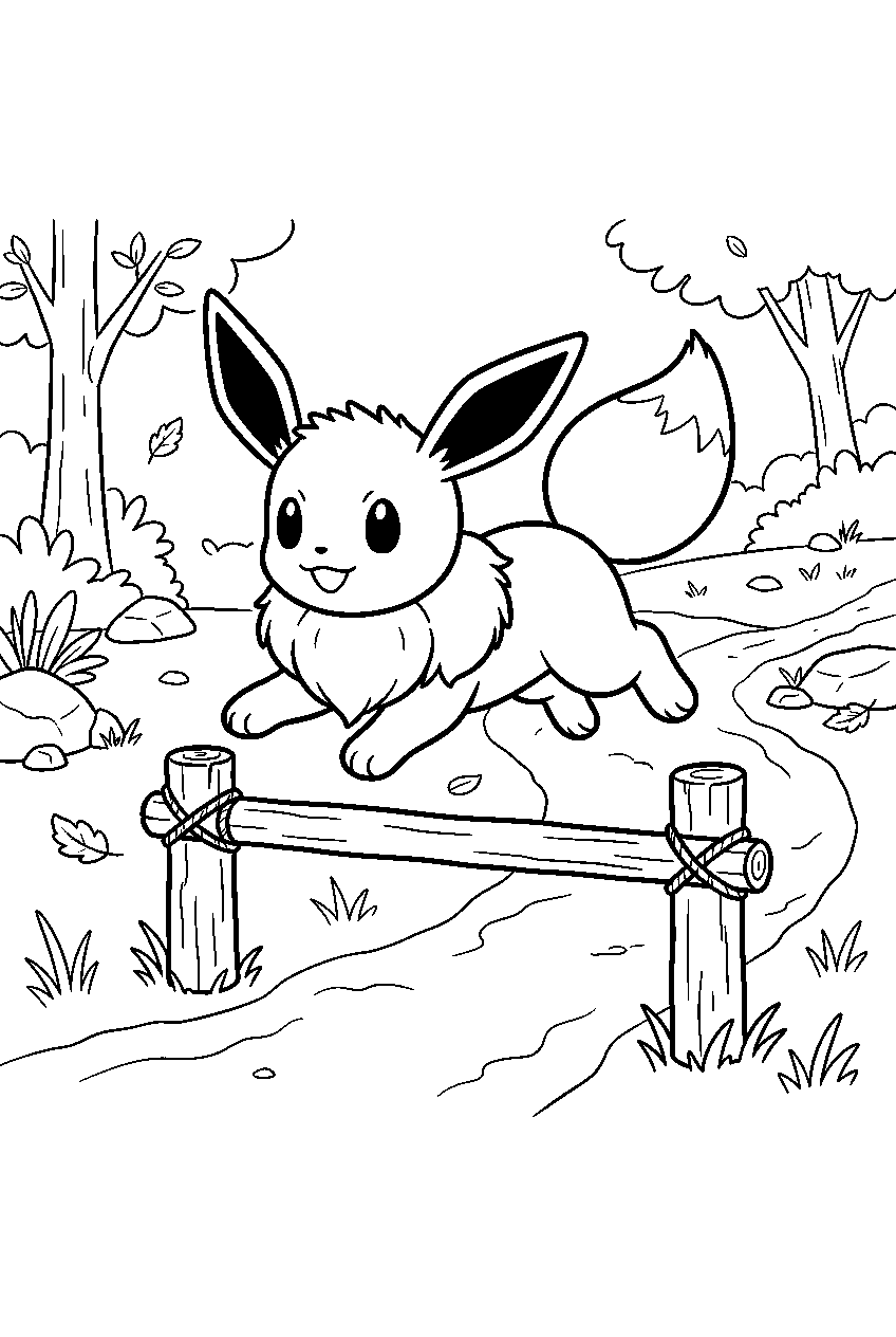 eevee jumping over hurdles on a woodland training course line art