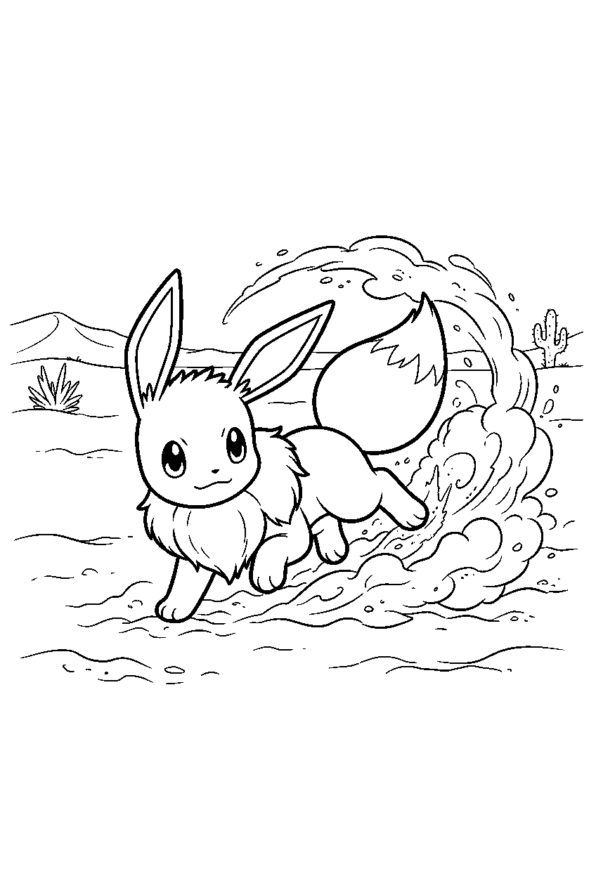 eevee kicking up sand attack in a desert training ground line art