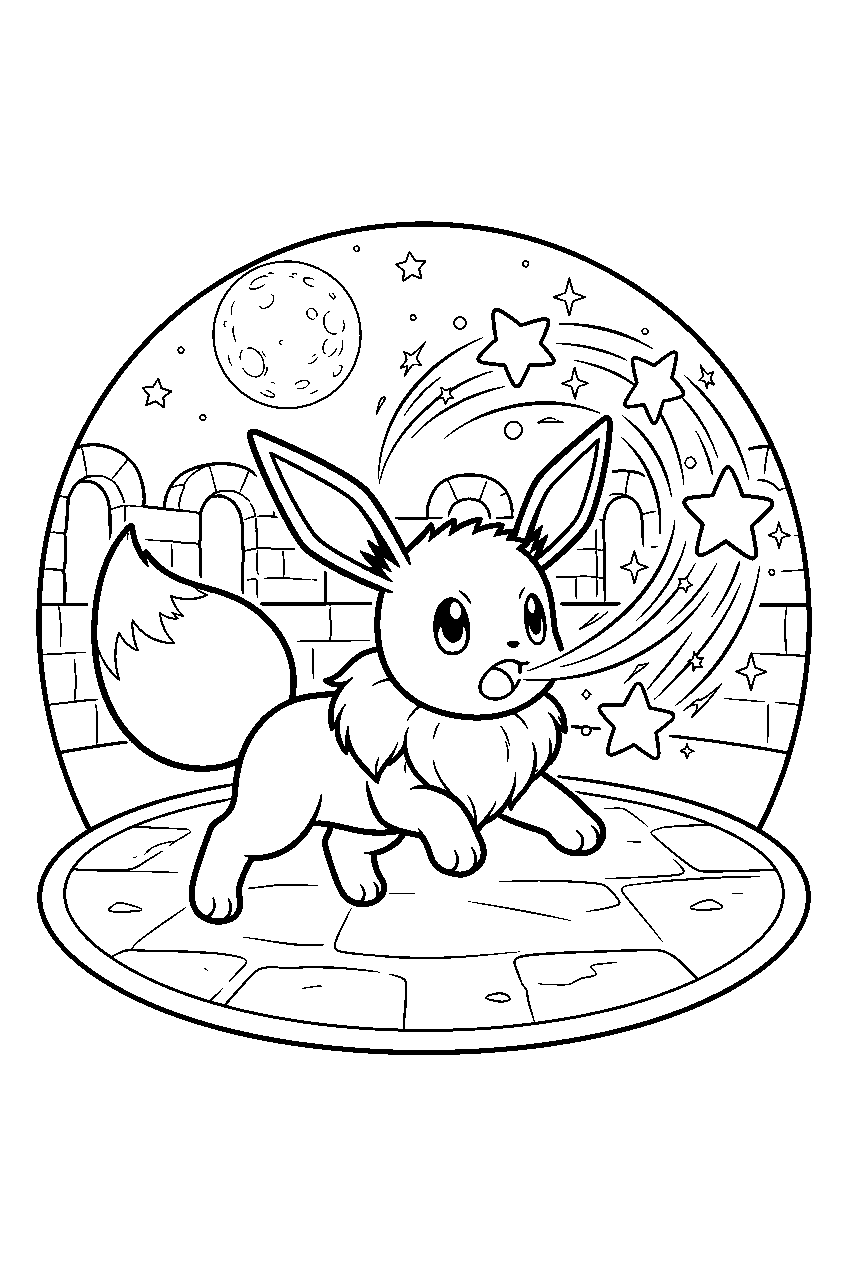 eevee launching swift inside a moonlit battle arena line art