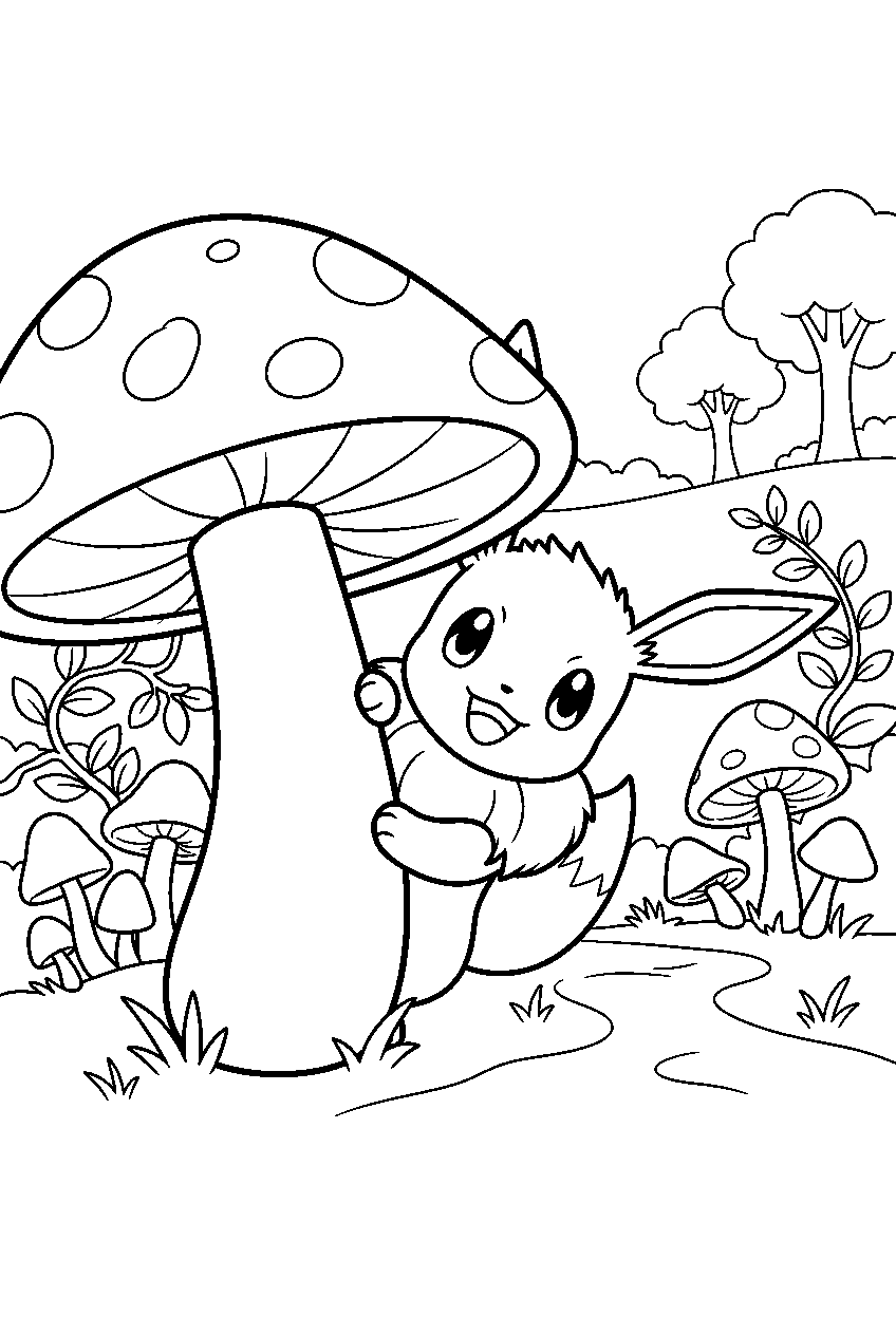 eevee peeking from behind a giant mushroom in a woodland grove line art